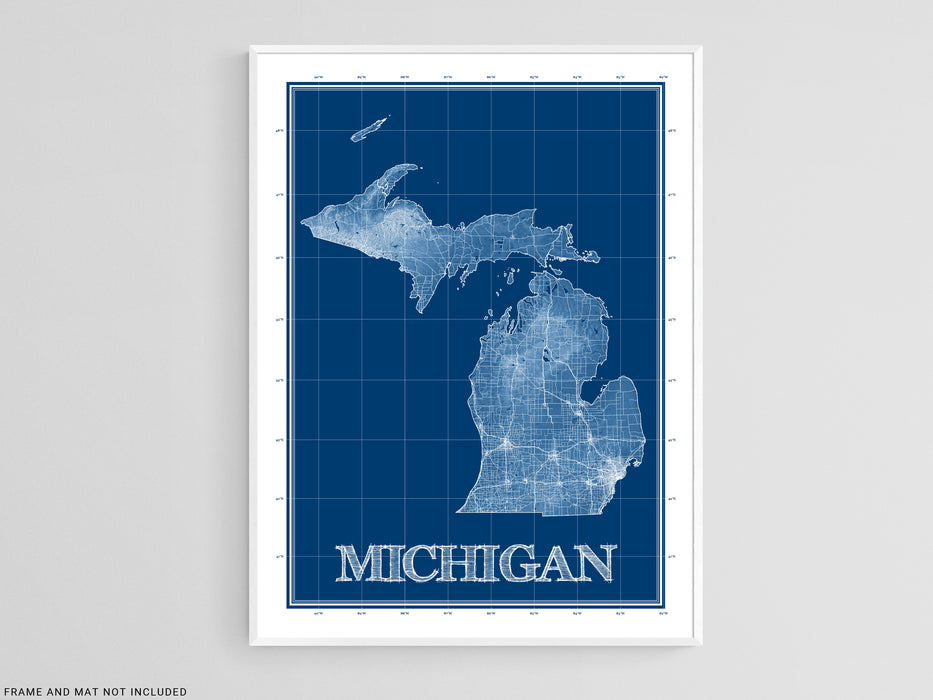 Michigan state blueprint map art print designed by Maps As Art.