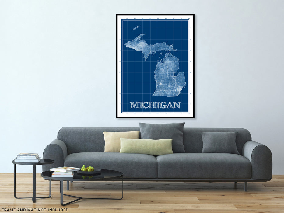 Michigan state blueprint map art print designed by Maps As Art.