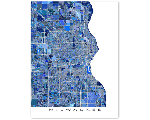 Milwaukee, Wisconsin map art print in blue shapes designed by Maps As Art.
