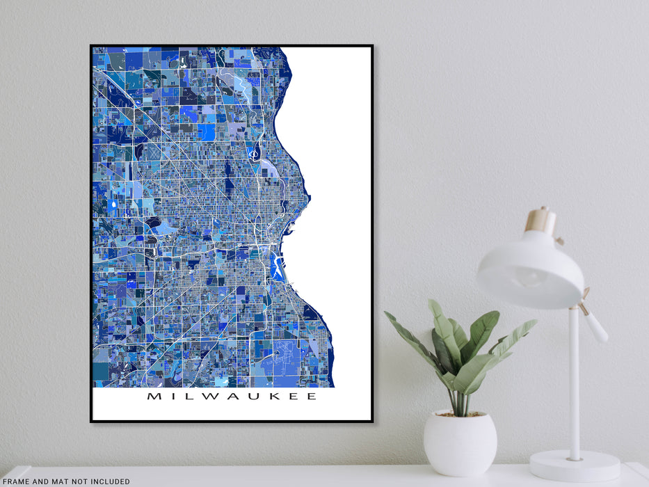 Milwaukee, Wisconsin map art print in blue shapes designed by Maps As Art.