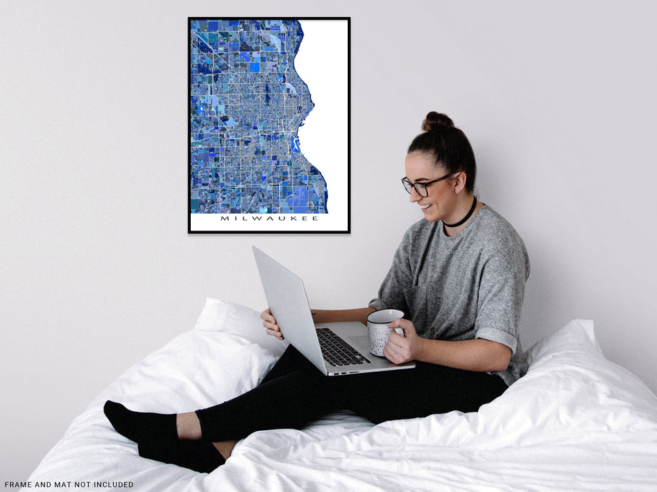 Milwaukee, Wisconsin map art print in blue shapes designed by Maps As Art.
