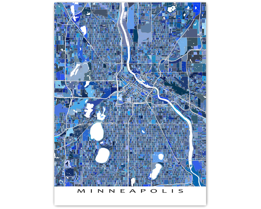 Minneapolis, Minnesota map art print in blue shapes designed by Maps As Art.