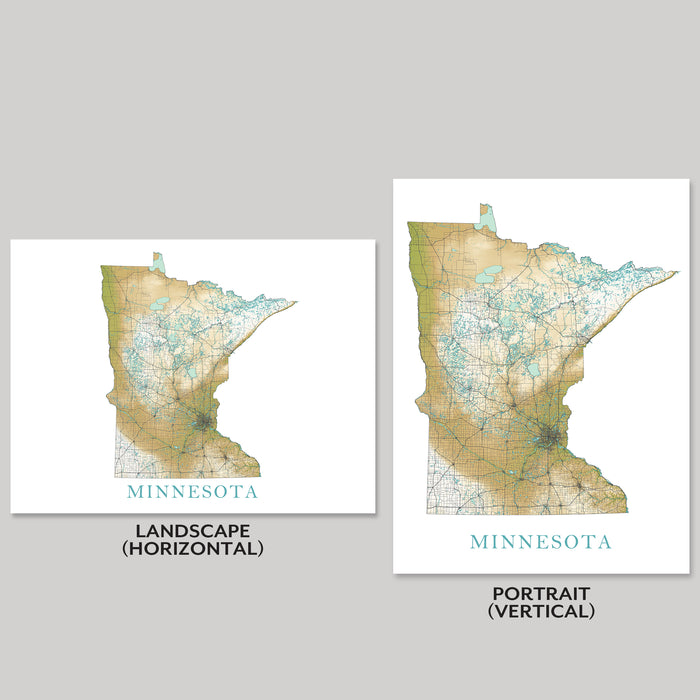 Minnesota State Map Print: Landscape Wall Art Road Maps for Home Decor