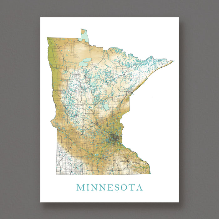 Minnesota State Map Print: Landscape Wall Art Road Maps for Home Decor