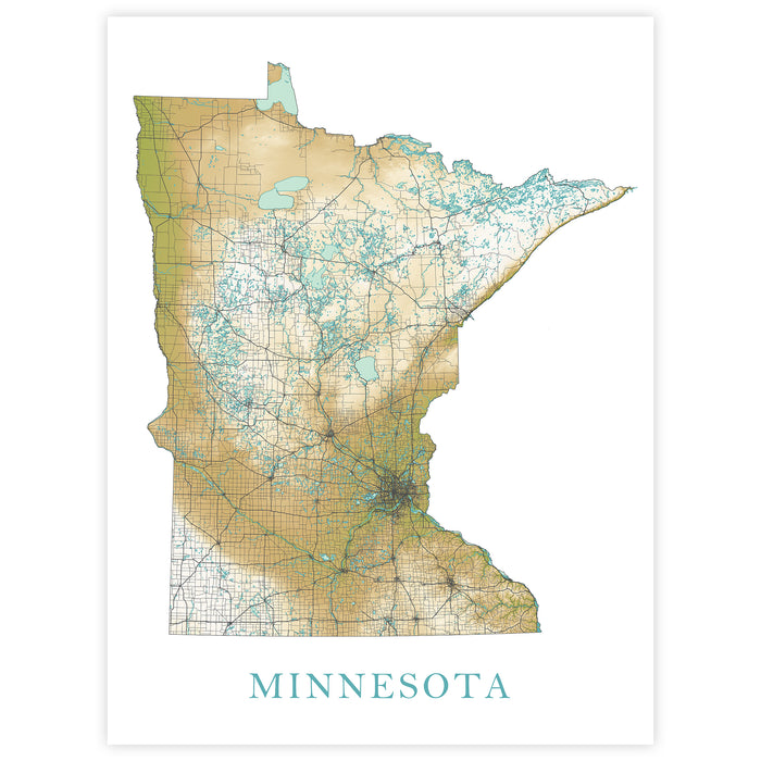 Minnesota State Map Print: Landscape Wall Art Road Maps for Home Decor