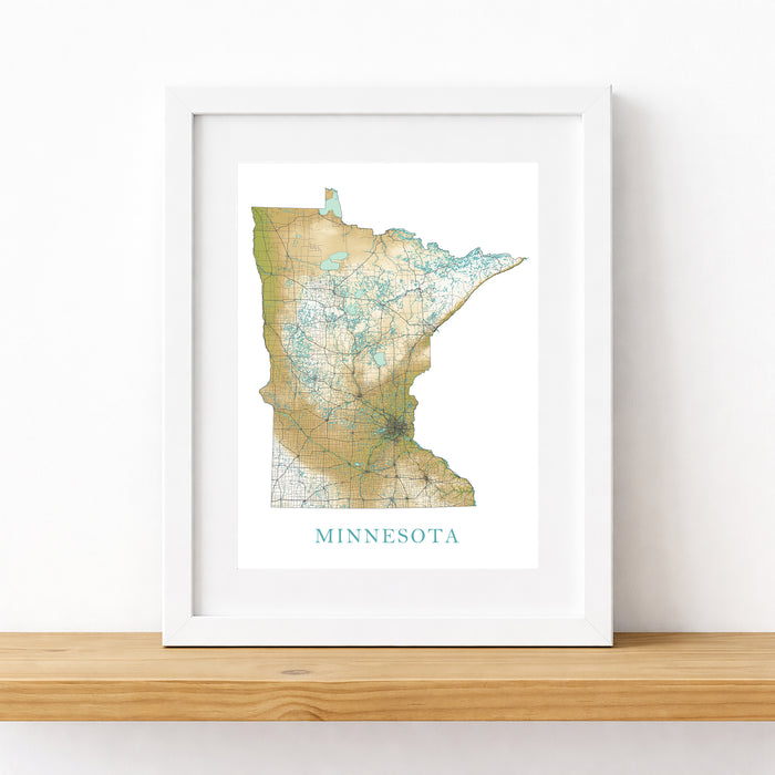 Minnesota State Map Print: Landscape Wall Art Road Maps for Home Decor