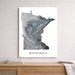 Map of Minnesota on a white wall above a wooden shelf.