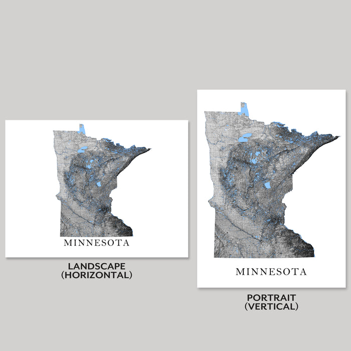 Two maps of Minnesota, one landscape and one portrait, on a gray background.