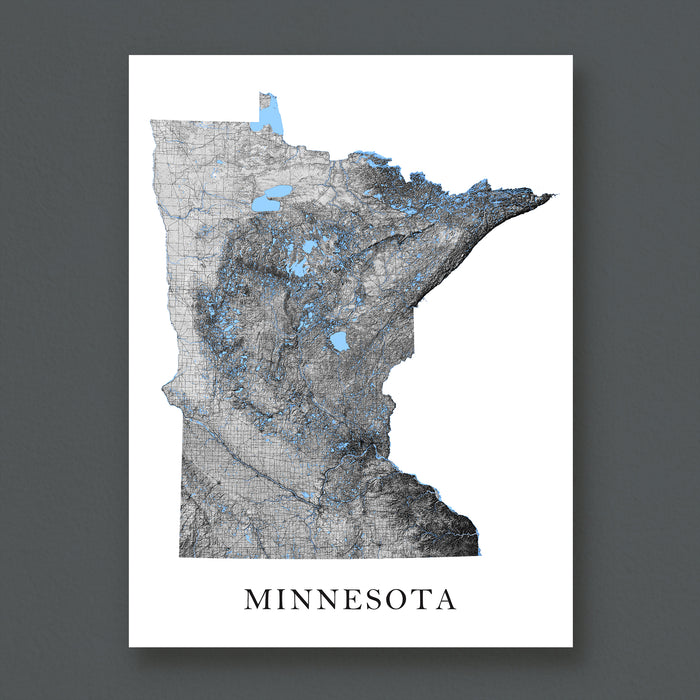 Map of Minnesota with a gray and blue color scheme on a white background