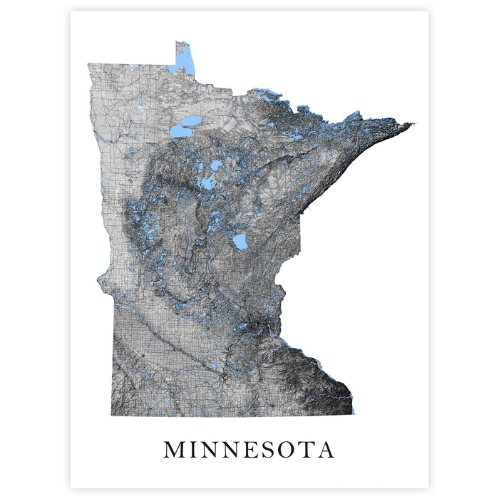 Map of Minnesota with blue lakes on a white background