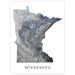 Map of Minnesota with blue lakes on a white background