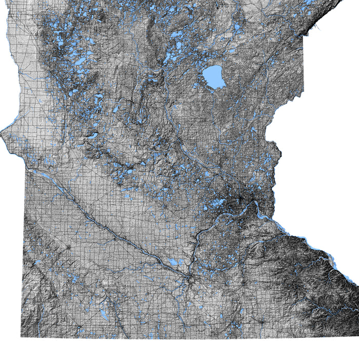 Topographic map of a region with blue color coding