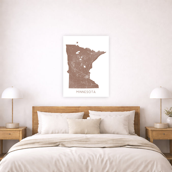 Bedroom with wooden headboard and 'Minnesota' map poster on the wall.