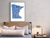 Minnesota state map art print in blue shapes designed by Maps As Art.