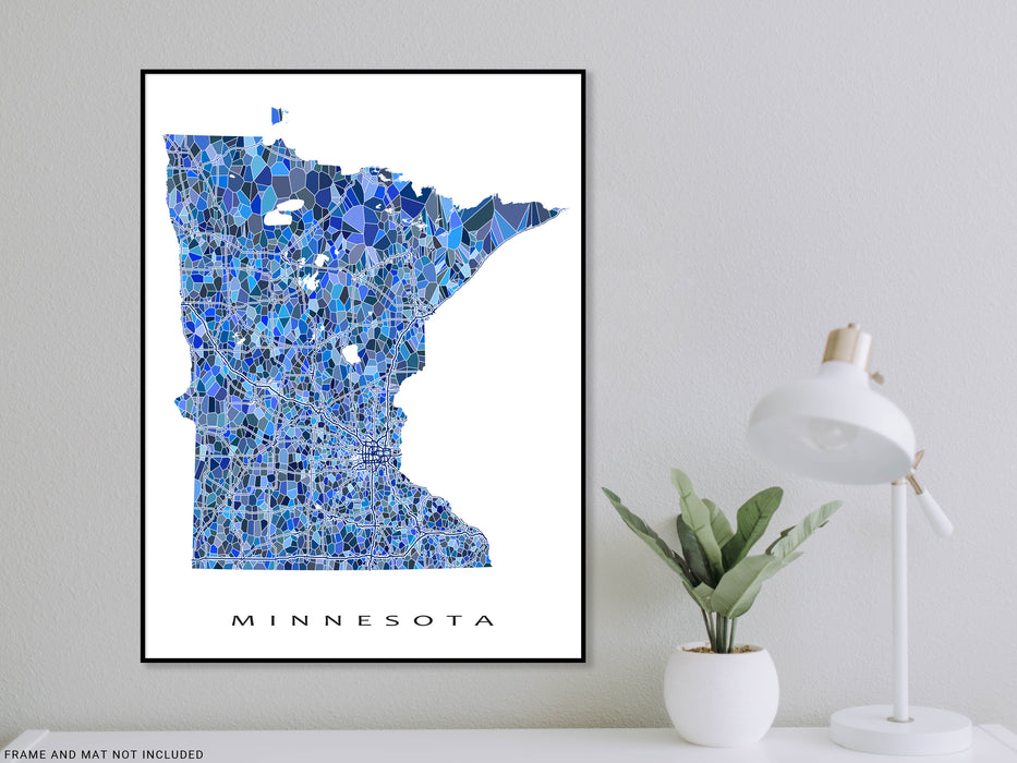 Minnesota state map art print in blue shapes designed by Maps As Art.