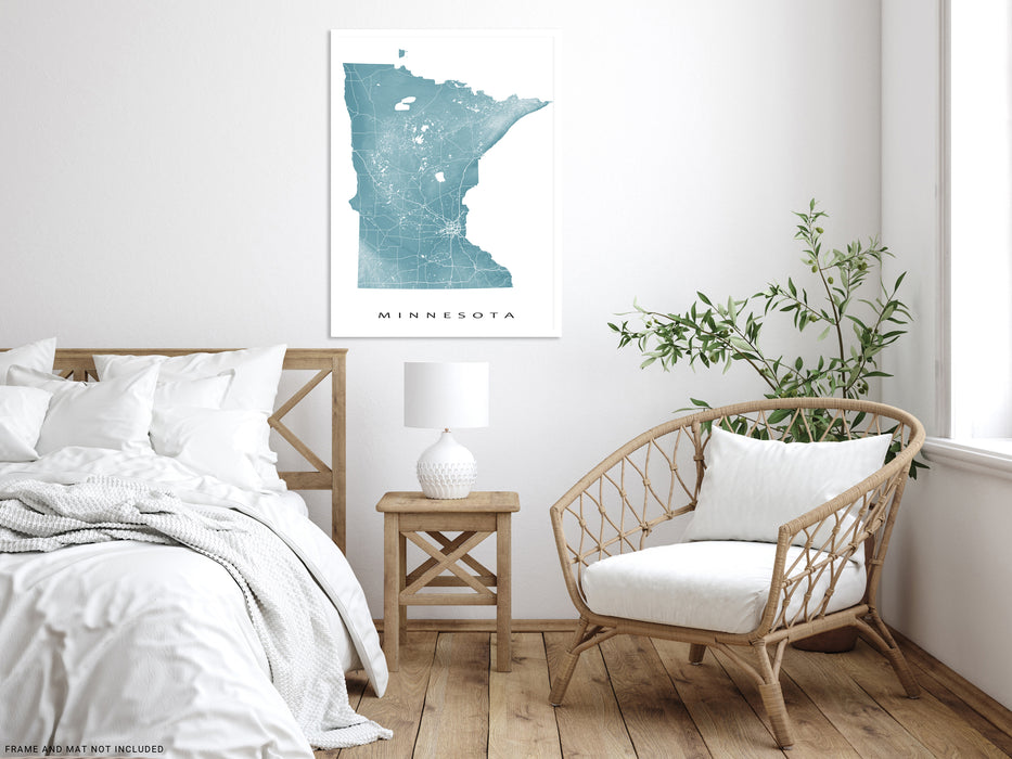 Minnesota state map print with natural landscape and main roads designed by Maps As Art.