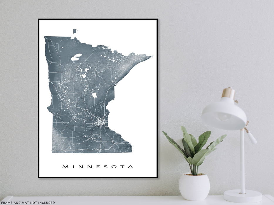 Minnesota state map print with natural landscape and main roads designed by Maps As Art.