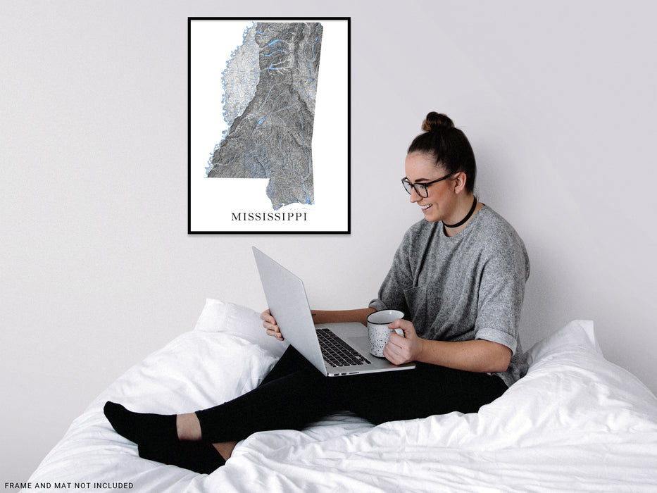 Mississippi state map print with a black and white topographic landscape design by Maps As Art.
