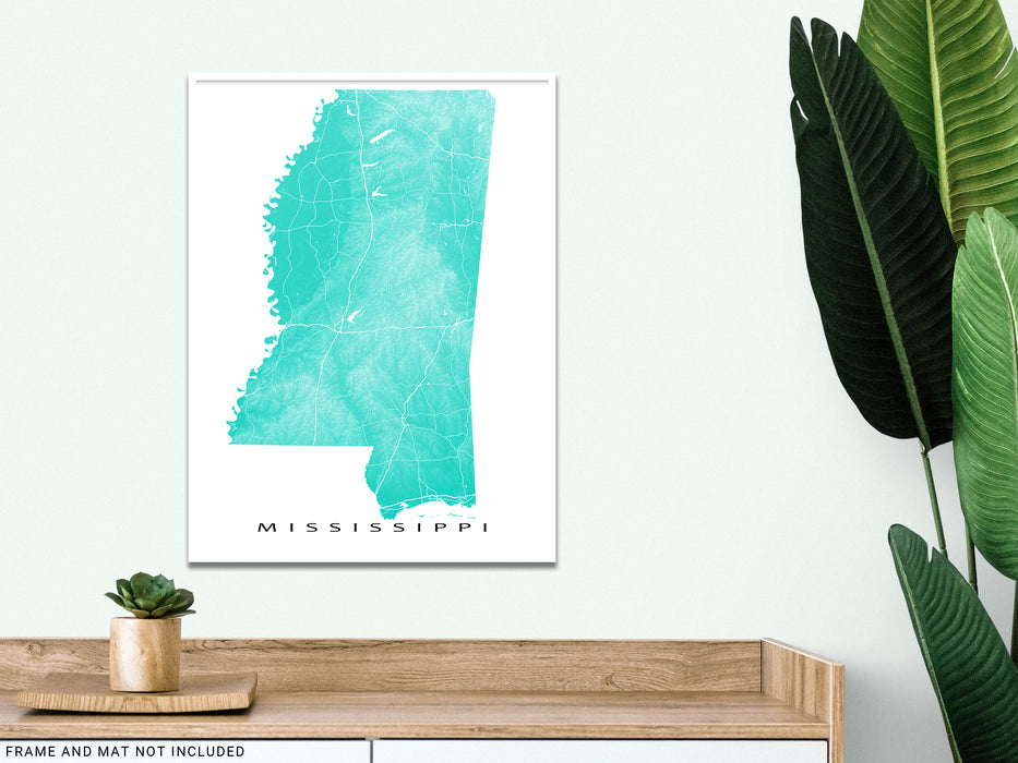 Mississippi State Map Print, Topographic MS Poster Maps with Roads