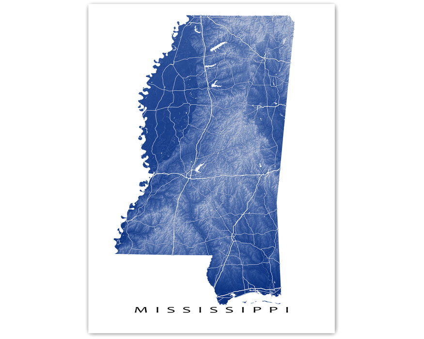 Mississippi State Map Print, Topographic MS Poster Maps with Roads