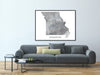 Missouri state map print with a black and white topographic landscape design by Maps As Art.