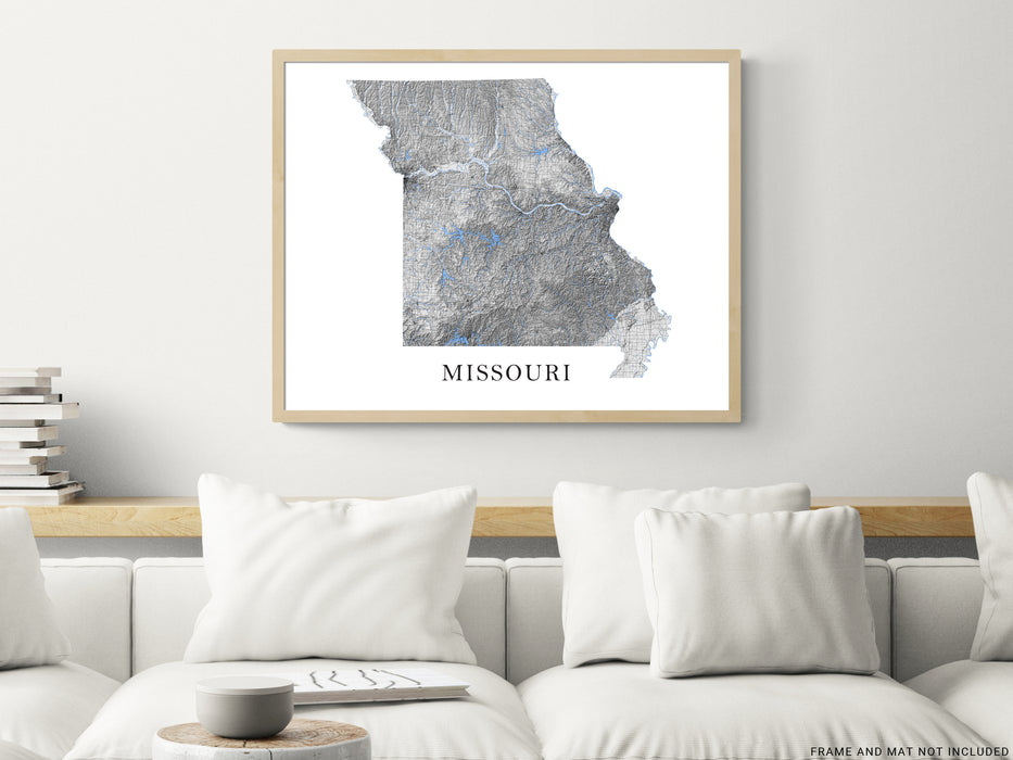 Missouri state map print with a black and white topographic landscape design by Maps As Art.