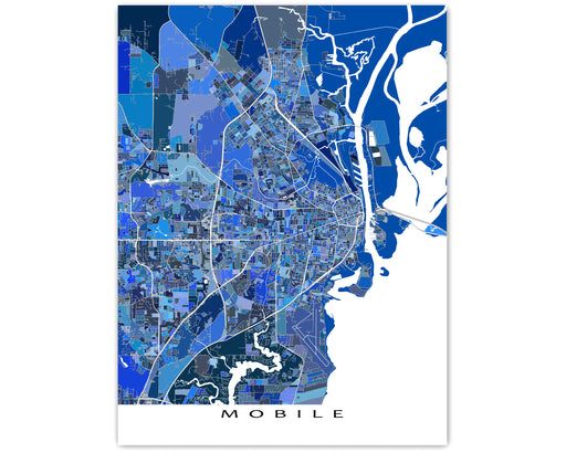 Mobile, Alabama map art print in blue shapes designed by Maps As Art.