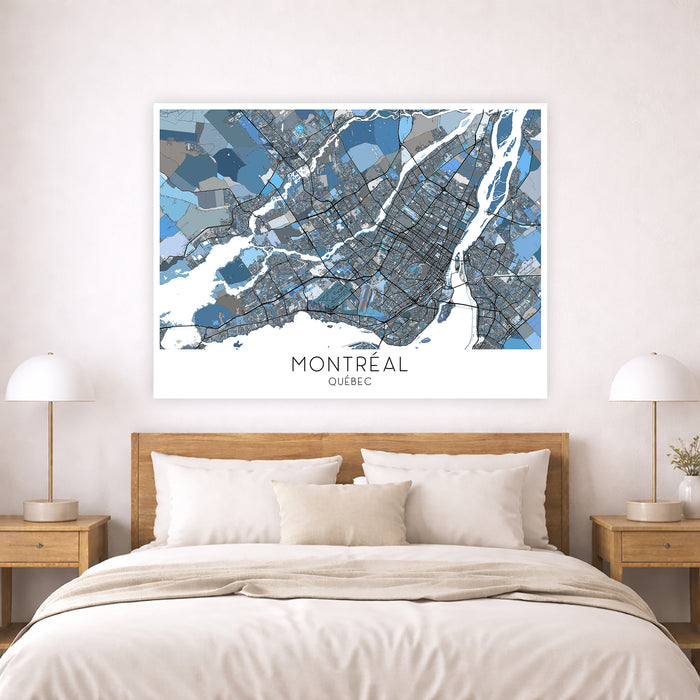 Map of Montreal framed on a wall above a bed