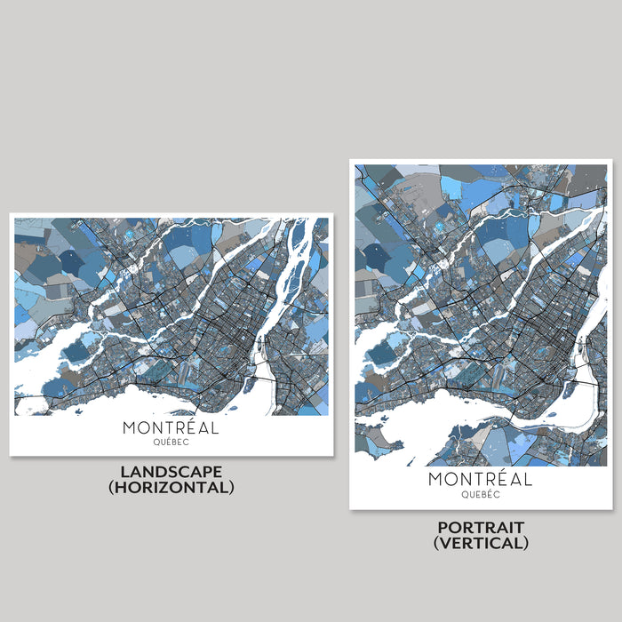 Two map prints of Montreal, Quebec, one in landscape and one in portrait orientation, on a gray background.