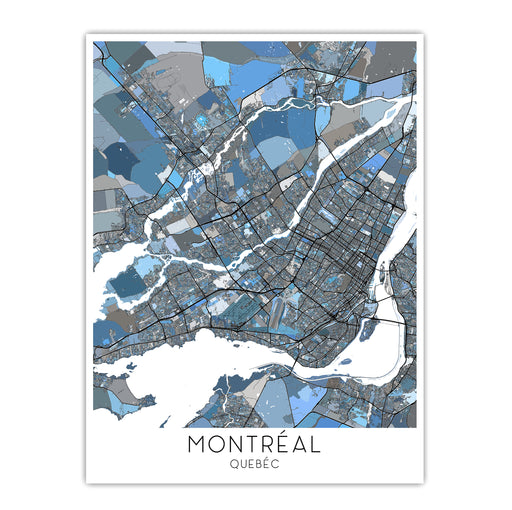 Map of Montreal, Quebec with a blue and gray color scheme on a white background.