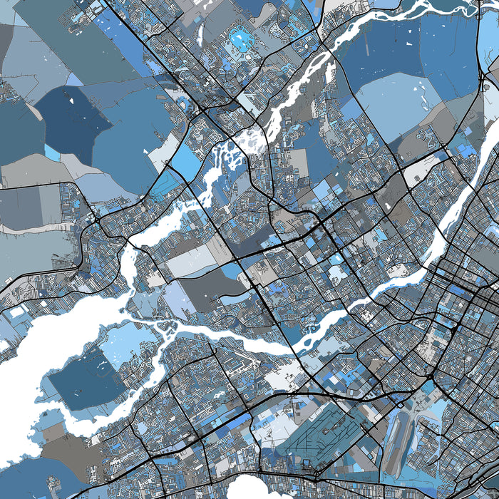 Map of Montreal city with blue and gray color coding