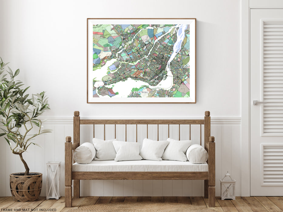 Montreal, Quebec, Canada map art print in colorful shapes designed by Maps As Art.