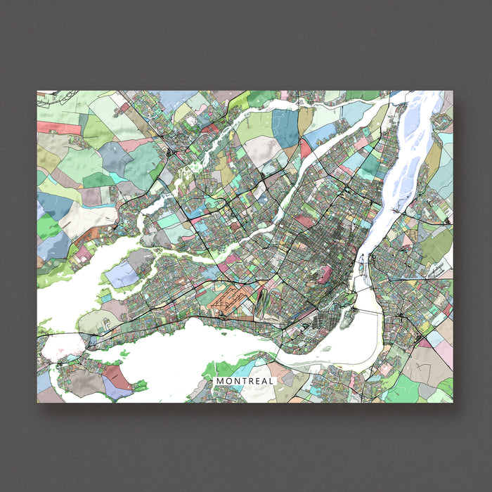 Colorful map of Montreal on a dark background