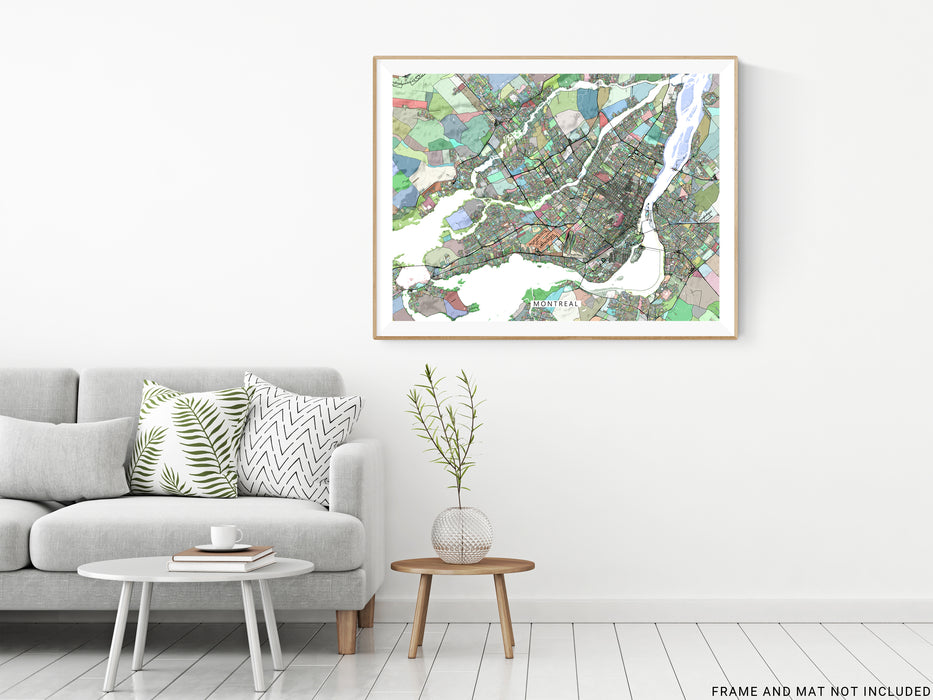 Montreal, Quebec, Canada map art print in colorful shapes designed by Maps As Art.