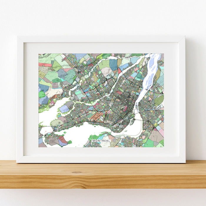 Framed colorful map of Montreal on a white wall