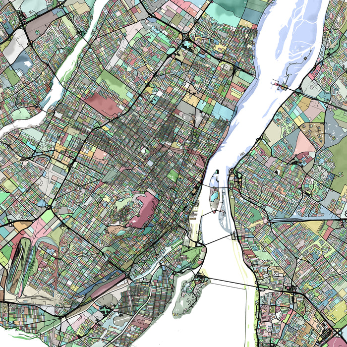 Colorful urban planning map of a city layout with roads and green spaces.