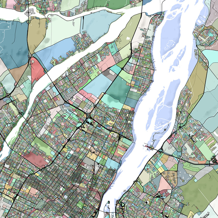 Colorful map of a city layout with roads and water bodies