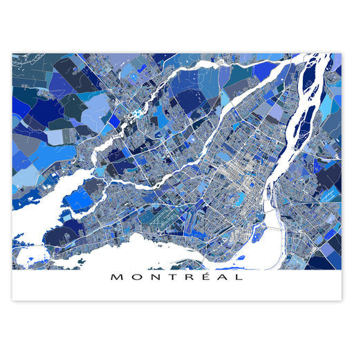Map of Montreal in blue and gray tones on a white background