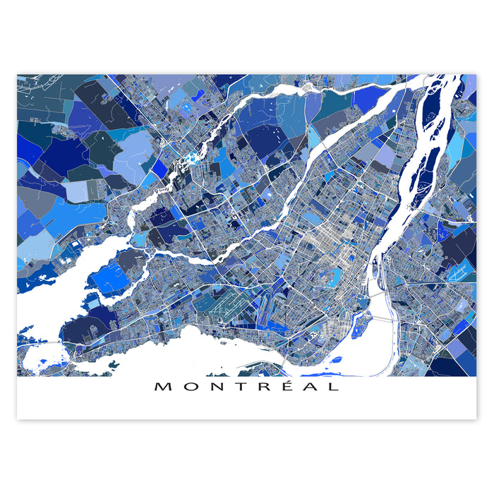 Map of Montreal in blue and gray tones on a white background