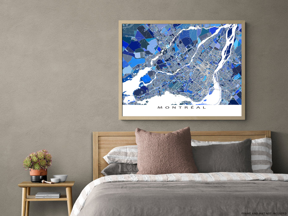 Montreal, Quebec, Canada map art print in blue shapes designed by Maps As Art.