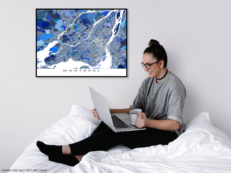 Montreal, Quebec, Canada map art print in blue shapes designed by Maps As Art.