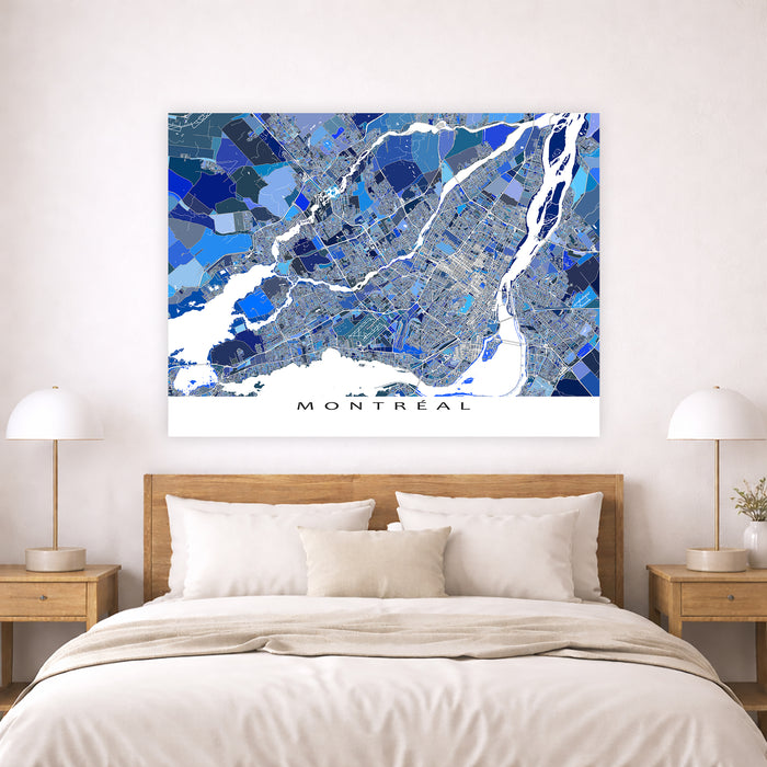 Map of Montreal on a wall above a bed in a bedroom setting