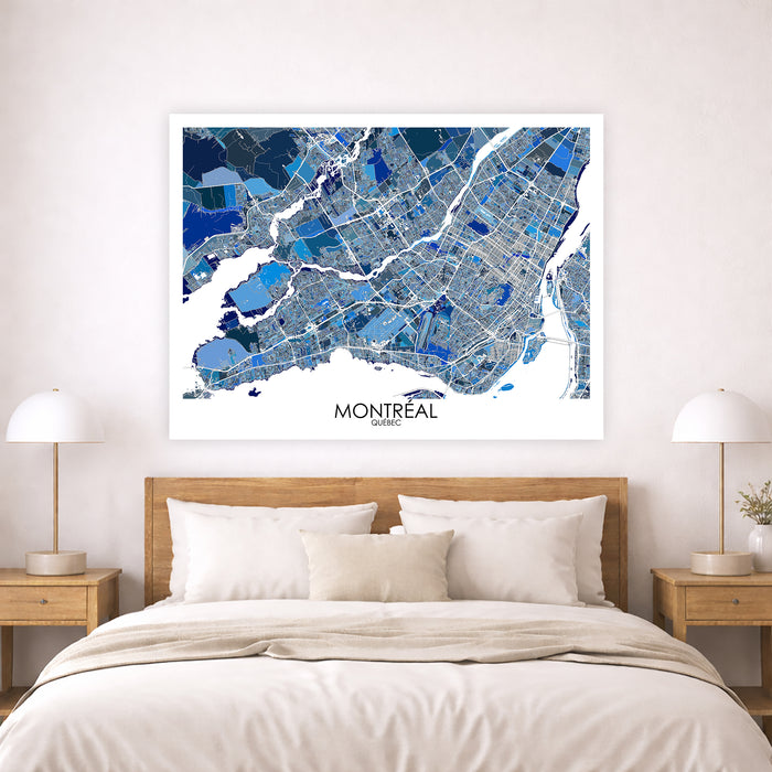 Map of Montreal on a wall above a bed in a bedroom setting