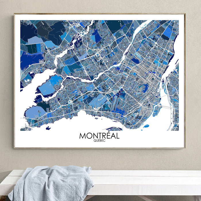 Framed map of Montreal on a wall above a white bench.