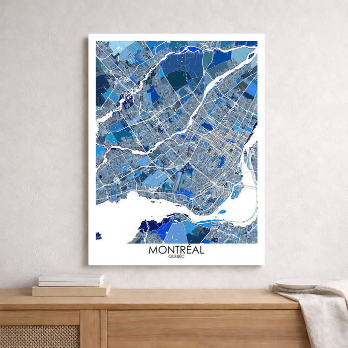 Map of Montreal framed on a wall above a wooden surface