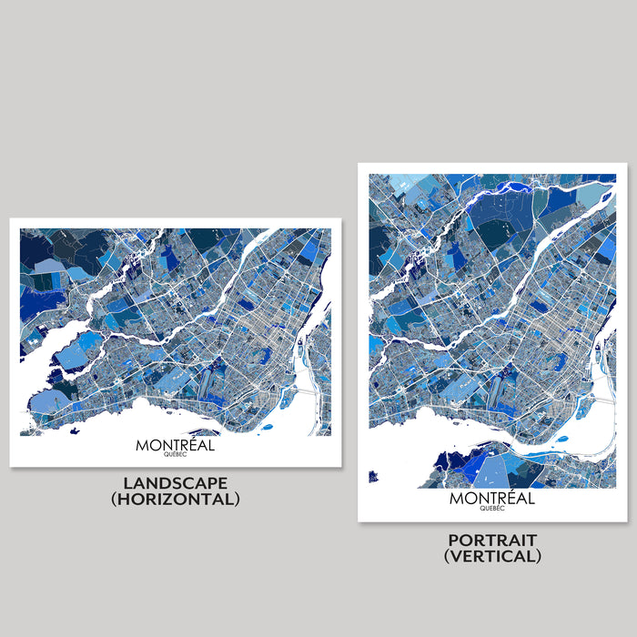 Two map prints of Montreal, one in landscape and one in portrait orientation, on a gray background.