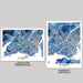 Two map prints of Montreal, one in landscape and one in portrait orientation, on a gray background.