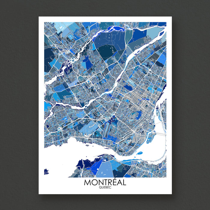 Map of Montreal in blue and gray on a white background