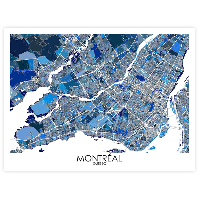 Map of Montreal, Quebec in blue and gray tones on a white background