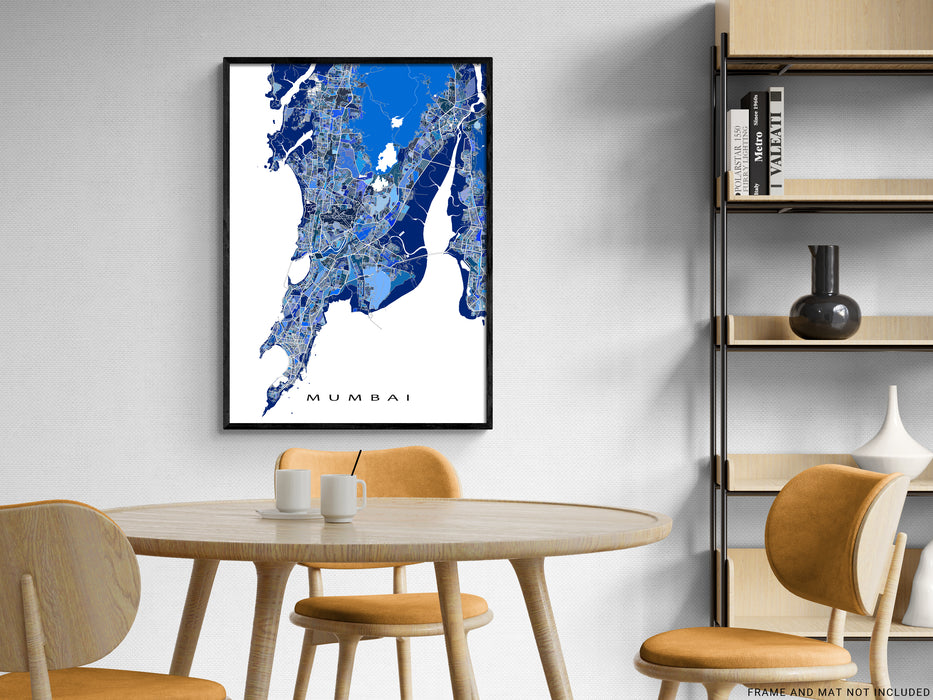 Mumbai, India map art print in blue shapes designed by Maps As Art.